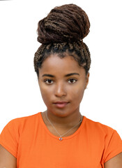 Passport photo of serious young adult black woman with curly hair