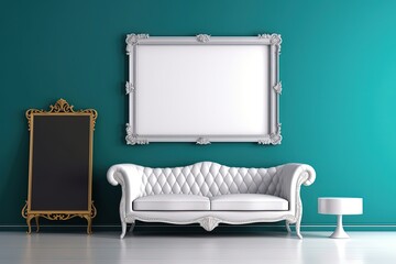 minimal comfy mood living room with a white sofa and empty art wall hanging frame on green wall, mockup idea, Generative Ai