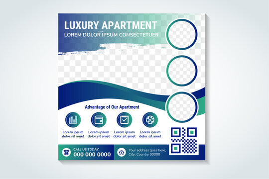 Real estate business social media post and square banner template design. luxury apartment headline. blue and green gradient color. vector illustration with space for photo collage. transparency brush