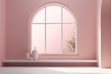 Minimal abstract interior in pastel pink color. Empty room with sunlight and shadows, vintage window, geometric wallpaper. Generative AI 3d render imitation.