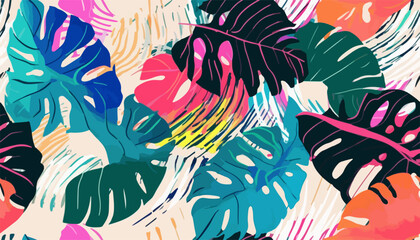 Fototapeta na wymiar Bright modern monstera collage artistic print. Colorful contemporary seamless pattern. Hand drawn cartoon style.
