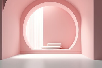 Fototapeta na wymiar Minimal abstract interior in pastel pink monochrome color. Empty room with sunlight and shadows, geometric wallpaper. Generative AI 3d render imitation.