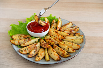 Baked potato wedges with herbs, salt, spices and tomato sauce. Baked spiced potatoes look delicious. Snack for beer. Close-up.