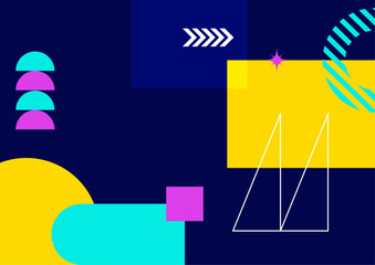 Vector abstract geometric background with circles, rectangles and squares in modern style. Colored simple shapes graphic pattern.