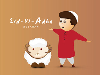 Character of Cute Muslim Boy Opening His Arms and Cartoon Sheep on the Occasion of Eid-Ul-Adha Mubarak (Festival of Sacrifice).