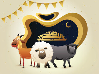Golden Arabic Calligraphy of Eid-Al-Adha Mubarak with Cartoon Sheep, Goat Characters, Crescent Moon and Bunting Flags Decorated Abstract Background.