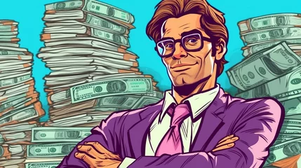 Gordijnen Businessman with stack of money . Fantasy concept , Illustration painting. © X-Poser