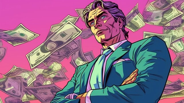 Businessman with stack of money . Fantasy concept , Illustration painting.