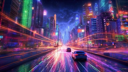 Fototapeta na wymiar Busy traffic on a city street at night . Fantasy concept , Illustration painting.