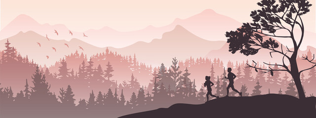 Silhouette of boy and girl jogging. Forest, meadow, mountains. Horizontal landscape banner. Violet illustration. 