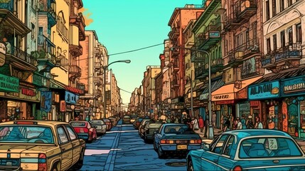Fototapeta na wymiar Busy urban street during rush hour . Fantasy concept , Illustration painting.