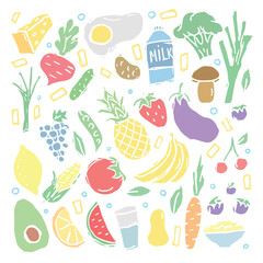 Healthy food icons. Drawn healthy food background