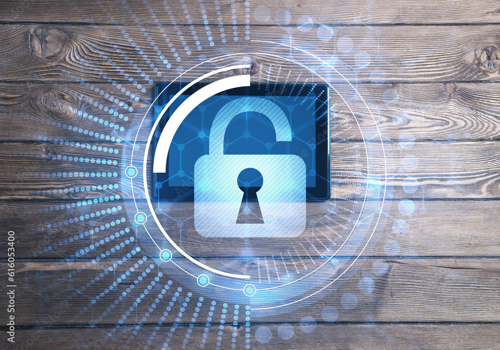 Poster concept of computer access with media lock icon on tablet screen