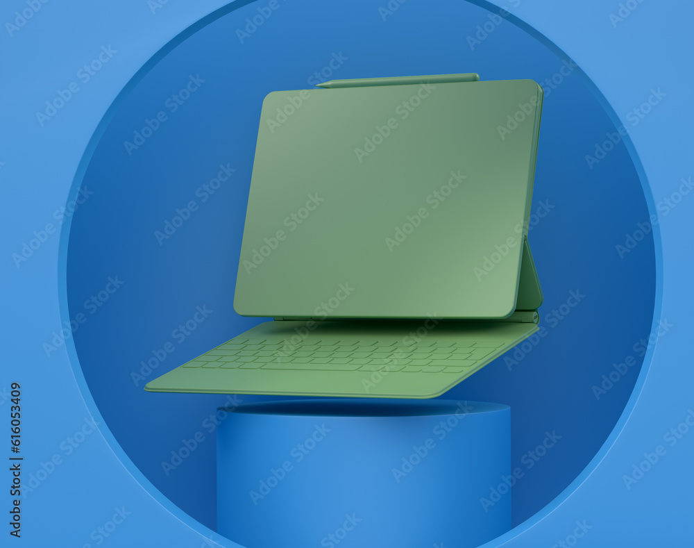 Poster abstract scene or podium with computer tablet with keyboard on monochrome