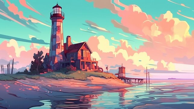 Captivating coastal lighthouses . Fantasy concept , Illustration painting.