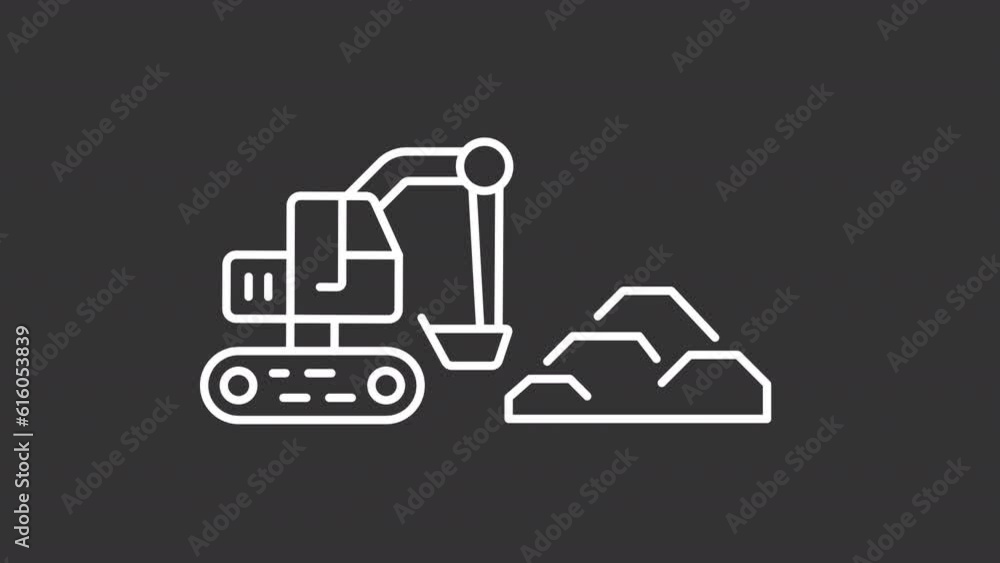 Poster animated excavator white line icon. loading coal animation. bucket loader. excavation vehicle. loop 