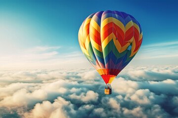 Fototapeta premium Hot Air Balloon Ride at sunrise background for wide banner of travel agency or adventure tour. Morning hot-air balloon flight with beautiful clouds. Romance of ballooning in a good weather. Generative