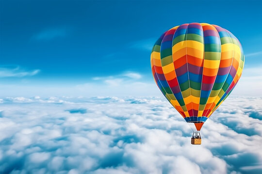 Hot Air Balloon Ride at sunrise background for wide banner of travel agency or adventure tour. Morning hot-air balloon flight with beautiful clouds. Romance of ballooning in a good weather. Generative