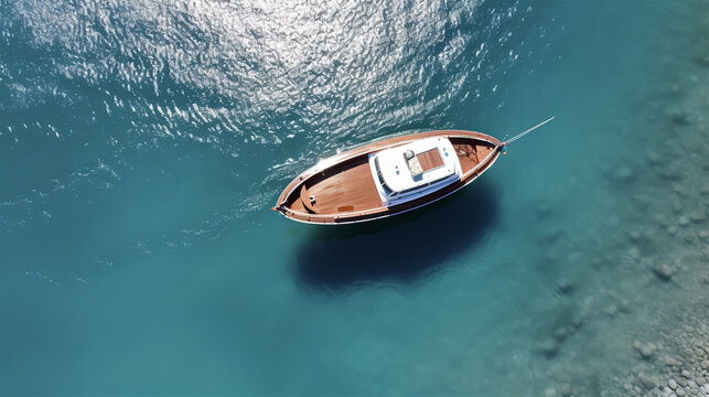 Aerial drone bird's eye view of traditional fishing boat in port of Mykonos in turquoise clear waters. Generative ai.
