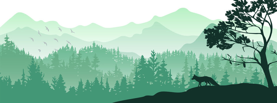 Horizontal banner. Silhouette of fox standing on hill. Mountains and forest in the background. Magical misty landscape, trees, animal. Green illustration, banner.