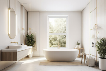 Fototapeta na wymiar baño lujoso clasico con bañera antigua en tonos blancos y madera clara, ilustracion de ia generativa