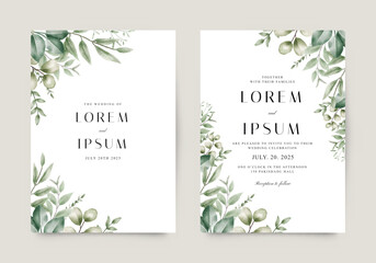 Elegant template wedding invitation with watercolor green leaves
