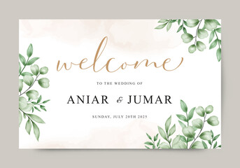 Wedding welcome sign with watercolor green leaves