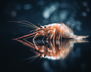 Crayfish on the reflective surface. Crawfish isolated on the blurred dark backdrop. Generative AI.