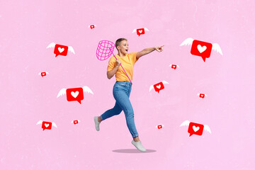 Creative drawing collage picture of running female finger point like hearts icon wings flying catch...
