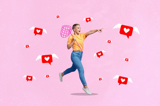 Creative drawing collage picture of running female finger point like hearts icon wings flying catch popularity social media conversion