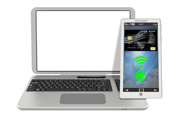 PNG. Trasparente. Illustrazione 3D. Pagamento elettronico. Computer portatile e carta di credito come simbolo dei pagamenti online..