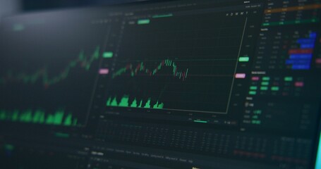 Computer monitor with displayed interface of professional trading app. Stock market graph chart with japanese candlestick animation. Economic graphics of stocks on monitor jumps up and down. Close up.