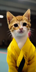 Adorable cat in yellow kimono. Red and white feline with black eyes close up. Generative AI.