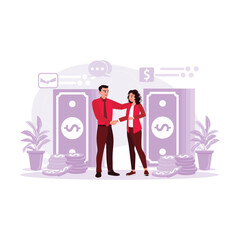 A man in a tie and a woman shake hands and trade some money. Trend Modern vector flat illustration.