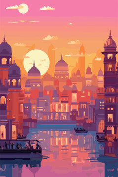 India city in the evening. Vector flat illustration.