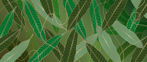 Botanical green background with golden leaves. Abstract background for decor, wallpapers, covers, cards and presentations