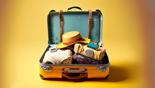Packed suitcase with belongings on yellow background ai generated art Generative AI