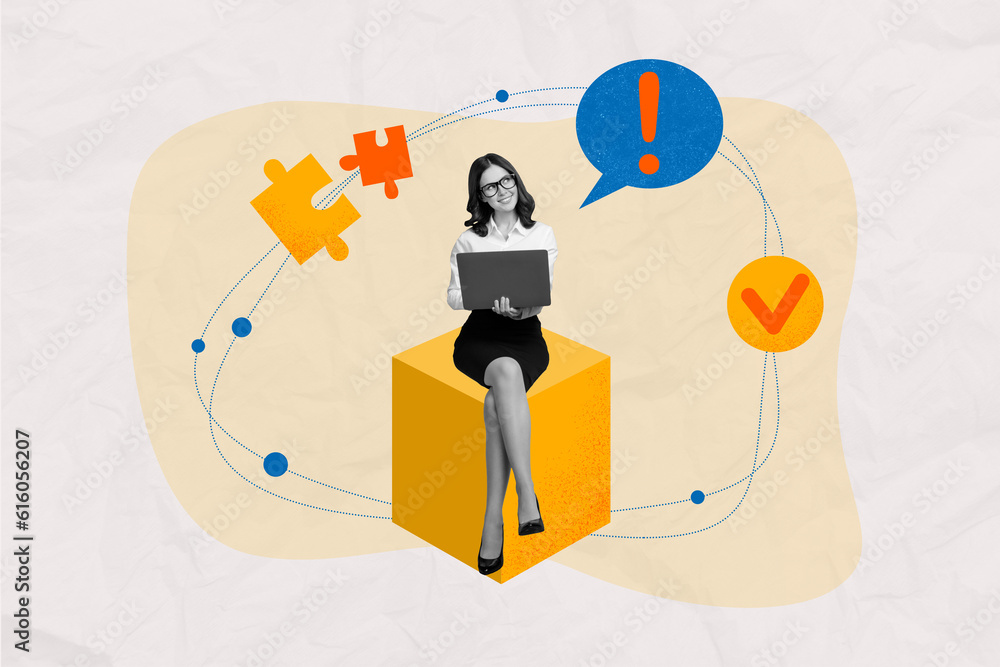 Fototapete Collage image 3d artwork of smiling curious lady sitting cube thinking solving task working project isolated on painted background