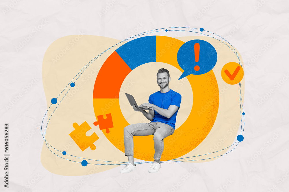 Aufkleber Poster picture image collage artwork of happy excited guy working wireless netbook solving task isolated on drawing background
