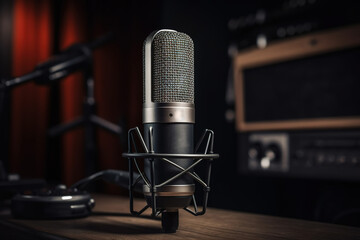 Mircrófono profesional con un fondo de un estudio radiofónico, preparado para hacer un podcast. IA generative