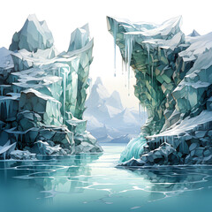 illustration depiction of melting iceberg, capturing transition solid ice to flowing water, emphasizing fragility, impermanence natural formations against white backdrop. AI Generated, Generative AI