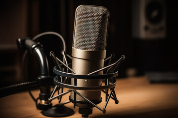 Mircrófono profesional con un fondo de un estudio radiofónico, preparado para hacer un podcast. IA generative