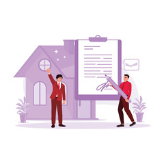 Contract signing between the client and the home agent. Agreement concept. Trend Modern vector flat illustration.