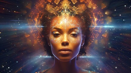 African female spiritual guide, young starseed woman, concept of love, meditation incarnarion, compassion, cosmos, univers, connection, connected, stars, all. Mother, sister, daughter. Universal love