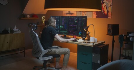 Male stock trader, freelancer watches real-time stocks, exchange market charts on multi-monitor computer. Man works remotely in cryptocurrency trading at home office. Investment, analytics. Back view.