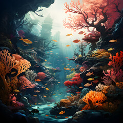Fototapeta na wymiar surreal digital illustration portraying hidden world beneath iceberg, colorful coral reefs, exotic fish, other marine creatures thriving cool AI Generated, Generative AI
