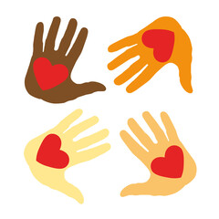 Obraz premium Voluntary and donation flat vector illustration. Volunteers, social workers holding hearts in palms. Children raising hands. Multiethnic society unity, togetherness. Charity, fostering, social help 