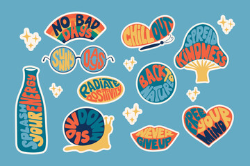 Collection of retro lettering in different forms. Groovy hand drawn slogans. Mushroom, bottle, snail, lips, heart, sunglasses. rainbow, butterfly. Retro style print design for posters, cards, tshirt