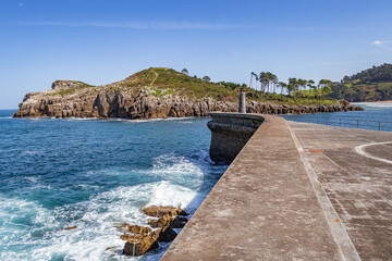 View of the island of San Nicolas in the coastal town of Lekeitio from Amandarri Itsasargia, Basque...