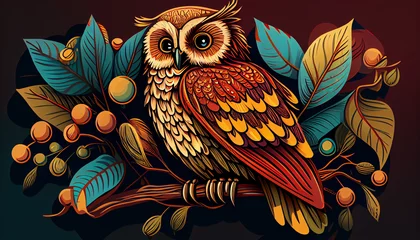 Foto op Aluminium Digital artwork of a vector owl doodle with floral decoration © Dodi